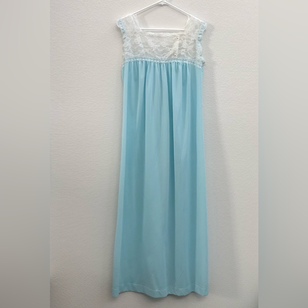 Vtg Colony Club Baby Doll Maxi Night Gown Baby Blue White Lace Sz Small READ